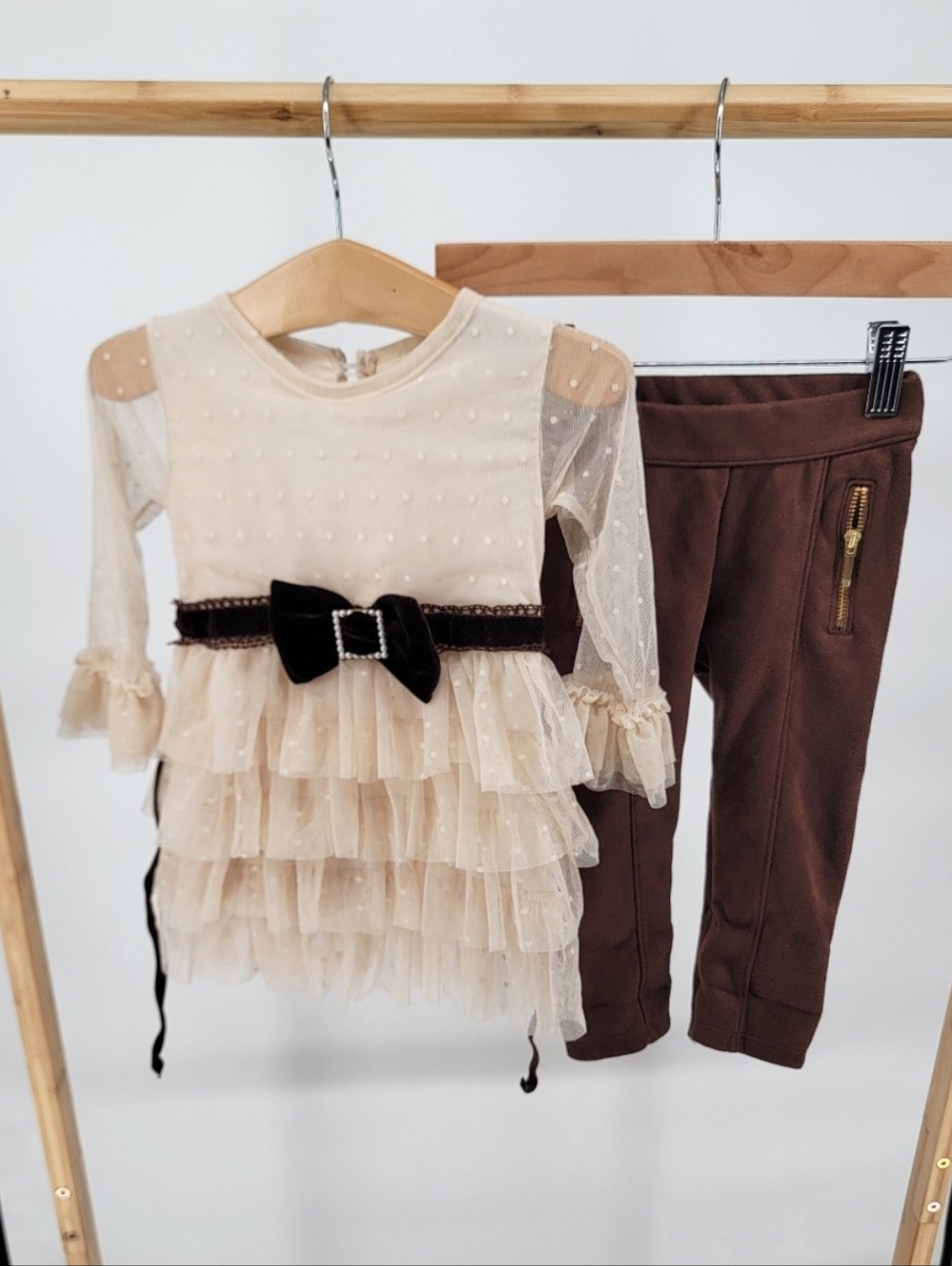 Haute Baby Brown Cream Ruffle Outfit Jaine Jack Velvet Two Piece Set 18-24M
